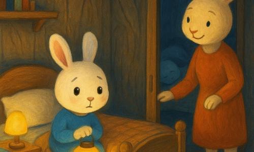 Een klein antropomorf wit konijntje (kinderlijk) zit op de rand van zijn houten bed, met licht gevouwen oren, rond gezicht en heldere ogen die iets bezorgd maar vertederd kijken, en houdt een geel lampionnetje dat warm zacht licht geeft; de mama-konijn (volwassen) staat bij de deur, crème vacht, geruststellende glimlach, de ene hand aan de deurklink en de andere over de deken, beschermende blik naar het kleintje; het broertje Niek slaapt in de aangrenzende kamer, zichtbaar door een opengelaten deur, met een knuffel bij zijn voeten en rustige ademhaling; de kamer is een nest onder een grote binnen-eik met houten wanden en zichtbare nerven, een natuurlijk vloerkleed, lage planken met enkele boeken en een kleurrijke kaart op het nachtkastje en een klein kussen aan het voeteneind; het licht is contrasterend: warme cirkel van het lampionnetje en verder zachte grijsblauwe tonen, afgeronde niet-bedreigende schaduwen; een rustige geruststellende scène van het konijntje dat leert de angst voor het donker te overwinnen, lichte nieuwsgierige houding, zachte sfeer met zichtbare gouachetextuur.