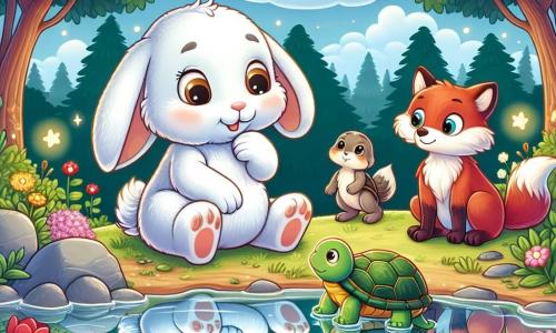 An illustration depicts a small, soft white rabbit with large floppy ears and sparkling eyes of wonder. It sits by a pond, gazing at its reflection in the water with an expression of curiosity and joy. Nearby, an old turtle with a shiny shell and wise eyes observes the rabbit with a benevolent smile, slowly perched on a rock as if sharing an ancient secret. A sly fox with bright red fur and a bushy tail stands a little further away, its eyes twinkling with mischief, ready to pose a riddle. The main setting is a peaceful pond surrounded by colorful flowers and tall green trees under a blue sky dotted with fluffy white clouds. Sunlight reflects off the water, creating golden glimmers. The central scene shows the little rabbit contemplating its reflection, pondering the meaning of life, while the other characters watch kindly, ready to offer their wisdom. Additional graphic elements include sparkling fireflies in the air, flowers dancing in the breeze, and sunlight filtering through the tree branches, adding a magical touch to this philosophical scene.