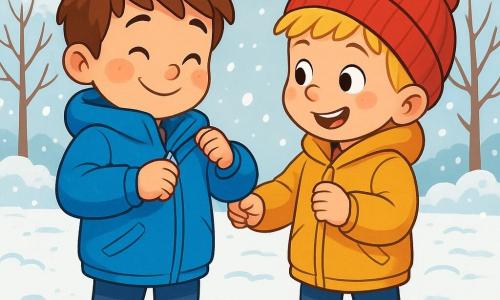 A 6-year-old boy named Tommy stands in a bright blue coat, with a proud and joyful expression on his face. His cheeks are rosy from the cold, and his tousled brown hair adds to his charm. He is focused on zipping up his coat with a slight smile. Next to him, his friend Ben, also 6 years old, has blond hair and is wearing a red beanie. He looks at Tommy with admiration, his eyes shining, while trying to put on his own coat. The scene takes place in a schoolyard, with a thick layer of sparkling snow covering the ground. Snowflakes gently fall from the gray sky, and bare trees stand in the background, their branches adorned with snow. The main situation shows Tommy helping Ben zip up his coat, both laughing and taking careful little steps on the snow, like little penguins, as they prepare to go out and play in the winter cold.