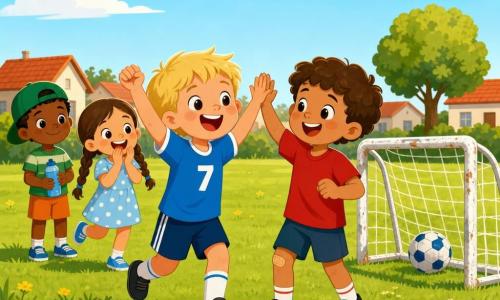 Er zijn vier kinderen: Tim (4) met kort blond haar, ronde wangen en brede glimlach, links op de voorgrond dicht bij het kleine doel met armen omhoog, viert een doel; Niels (4) met licht krullend bruin haar, rood shirt en klein pleistertje op de knie, naast Tim geeft een high five; een meisje (4) met twee lange vlechten en lichtblauwe gestippelde jurk, achter Tim klaar om te rennen en klappend met handen voor de mond; een jongen (4) met groene pet en oranje short en verlegen glimlach, iets achteraan links met een flesje water. Locatie: klein licht begroeid grasveld met wat gele bloemen en een wit metalen doel; op de achtergrond lage huizen met rode daken en een boom, lichtblauwe lucht met wat wolken. Situatie: vreugde na een doel — de witte bal met blauwe motieven ligt in het net; de kinderen lachen en klappen; warme namiddaglicht, felle kleuren en zachte schaduwen.