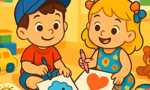 Há 2 personagens principais: - Miguel: um menino de quase 4 anos, com cabelo castanho e olhos brilhantes. Ele usa um boné azul e uma camiseta vermelha. Está sentado no chão, com as pernas cruzadas, segurando um lápis azul na mão. - Sofia: uma menina de quase 4 anos, com cabelo loiro e olhos claros. Ela usa laços coloridos no cabelo e um vestido florido. Está sentada ao lado de Miguel, sorrindo, com um lápis rosa na mão. O local da cena principal é um quarto iluminado, cheio de brinquedos coloridos. As paredes são pintadas de amarelo suave, e uma grande janela deixa entrar a luz do sol. No chão, folhas de papel estão espalhadas, cobertas de desenhos alegres e cores vivas. A cena principal da história mostra Miguel e Sofia desenhando juntos. Miguel desenhou uma nuvem triste com uma lágrima, enquanto Sofia desenhou um grande coração vermelho ao lado. Eles compartilham um momento de cumplicidade, respirando profundamente, cercados por seus desenhos, com sorrisos que começam a iluminar seus rostos.