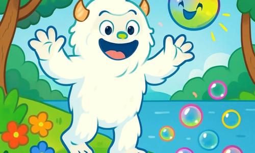 Een blije Yeti met stralend witte vacht en nieuwsgierige ogen staat aan de oever van een prachtig meer. Hij heeft een brede glimlach op zijn gezicht en zijn armen zijn omhoog, klaar om in het water te springen. Naast hem zweeft Babbeltje, een kleine kleurrijke luchtbel met een glimlachend gezicht, vrolijk in de lucht en straalt licht uit. Het meer is omringd door grote bomen met heldergroene bladeren, en kleurrijke bloemen sieren de oever. Bellen in alle kleuren stijgen uit het meer op en knappen met blije 