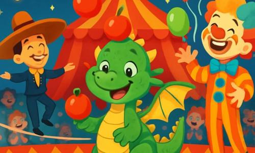 Un pequeño dragón verde llamado Draco, con escamas brillantes y ojos chispeantes de alegría, se encuentra en el centro de una escena de circo. Sonríe ampliamente, con las alas desplegadas, listo para hacer reír al público con sus torpezas. A su derecha, un payaso alegre con nariz roja y cabello colorido, vestido con un traje a rayas, ríe lanzando globos multicolores al aire. A su izquierda, un equilibrista elegante, vestido con un traje brillante, camina sobre una cuerda con un gran sombrero, mostrando una sonrisa confiada. El circo está iluminado por luces brillantes y guirnaldas de colores, con una gran carpa a rayas al fondo. Espectadores maravillados, niños y adultos, aplauden y ríen, creando un ambiente festivo. La escena principal muestra a Draco, el pequeño dragón, intentando hacer malabares con manzanas, pero una de ellas rebota en su cabeza, provocando una risa general.