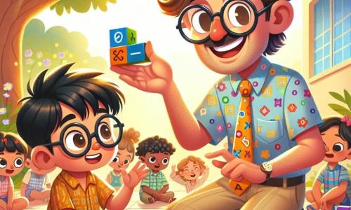 O personagem principal, o professor Carlos, é um homem na casa dos quarenta anos, com cabelos castanhos levemente desgrenhados e óculos redondos que escorregam pelo nariz. Ele usa uma camisa colorida com padrões matemáticos e uma calça bege, exibindo um grande sorriso de orgulho enquanto ajuda um aluno. Miguel, um garoto de 8 anos com cabelos pretos bagunçados e óculos, está sentado no chão, cercado por blocos coloridos. Ele parece concentrado e entusiasmado, levantando a mão para responder a uma pergunta. O local da cena é o pátio da escola, banhado por uma luz dourada, com árvores verdejantes ao fundo e flores vibrantes que acrescentam cor. Crianças brincam ao redor, criando uma atmosfera alegre e animada. A situação principal mostra o professor Carlos e Miguel em plena atividade, usando blocos para resolver problemas matemáticos, enquanto outras crianças os observam com curiosidade e admiração, ilustrando o espírito de aprendizado e camaradagem.