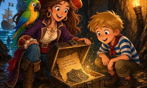 A protagonista é uma mulher, a capitã Marina, sorridente com olhos brilhantes e cabelos longos castanhos ao vento, vestida como pirata colorida com um grande chapéu com pena vermelha; ajoelhada abrindo um velho baú de madeira. João, um menino de cerca de 10 anos, rosto redondo e curioso, cabelo curto loiro e camisa listrada, está à direita da capitã com as mãos nos joelhos olhando o tesouro. Um papagaio colorido verde, azul e amarelo pousa no ombro esquerdo da capitã. A cena passa-se numa grande caverna úmida com estalactites finas e chão de pedra molhada, iluminada por uma tocha quente que projeta sombras dançantes. No centro, o baú aberto revela um pergaminho antigo e um símbolo metálico envelhecido, com partículas de poeira dourada flutuando na luz. Ambiente de aventura alegre e mágico, cores quentes e contrastantes, estilo infantil com traços nítidos e formas arredondadas.