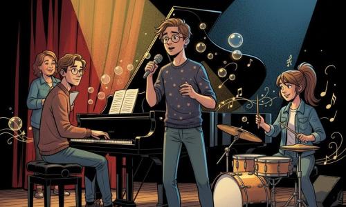 Spokojny, skoncentrowany pianista o łagodnej twarzy, rozczochranych brązowych włosach i okrągłych okularach, z dłońmi na czarnym fortepianie, grający delikatnie; obok nastoletni chłopiec Olek (ok. 15 lat), nieśmiały lecz odważny wokalista w koszuli w małe gwiazdki, trzyma srebrny mikrofon, półzamknięte oczy wyrażają zaskoczenie i ulgę; po prawej Iga (14 lat), perkusistka z kitką i kurtką jeansową, trzyma miotełki nad małym zestawem perkusyjnym, uśmiechnięta i skupiona; w tle pani Jola (ok. 50 lat), organizatorka, z notesem, delikatnie klaszcze za kulisami za czerwonymi zasłonami. Sala koncertowa szkoły: polerowana podłoga, rzędy krzeseł, ciężkie czerwone zasłony, żółte i niebieskie reflektory, kable i futerały przy krawędzi sceny. Scena przedstawia pierwszą frazę piosenki podczas generalnej próby: ciepłe światło na muzykach, rosnąca pewność u wokalisty, atmosfera wspólnego wsparcia, wizualne nuty i linie rytmiczne sugerujące muzykę i jedność.