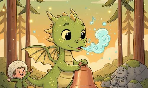 Ein kleiner Drache namens Liri, beruhigt und erstaunt, mit glänzenden Augen, sanftem Lächeln und hellgrünen Schuppen mit goldenen Reflexen, legt eine zarte Kralle auf eine Kupferglocke; er bläst leicht, warme Dampfwölkchen um die Schnauze und eine sichtbare Lichtspur als musikalische Note; Pip, ein winziger Gartengeist mit einem Löwenzahnhut, springt fröhlich links vorn, rundliche Wangen und Moosstiefel, zeigt auf die Landschaft; ein lächelnder Steinschamane mit körniger Oberfläche und grünem Moos sitzt rechts hinten am Felsen und lauscht; Schauplatz: Lichtung im Tannental bei Sonnenuntergang mit Kiefernnadeln und Farnen, die Kupferglocke auf steinernem Sockel mit kleinen Sterngravuren; Stimmung warm orangegrün, schwebende Partikel wie Glühwürmchen, ruhige magische Atmosphäre, starker Kontrast zwischen dem Glanz der Glocke und der matten Waldtextur; Perspektive Dreiviertelaufnahme auf Liri und die Glocke, Pip links vorn, Steinschamane rechts hinten, tiefer Horizont; Stil: 2D-Cartoon, klare Linien, flächige, sanft abgestufte Farben, übertriebene Mimik, kindlich-warme Ausstrahlung.
