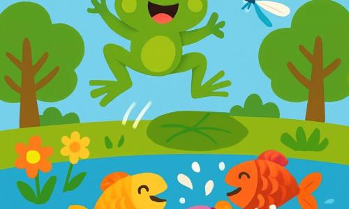 A small green frog named Freddie, with big round eyes and a joyful smile, enthusiastically jumps on a lily pad. Next to him, a group of colorful fish with shiny scales splashes in the water while laughing, and a dragonfly with shimmering wings flies around him, fascinated by his leap. The setting is a lovely pond surrounded by bright flowers and tall green trees under a sunny blue sky. Freddie is jumping high in the air, ready to land on a leaf, while his friends cheer him on with laughter and water bubbles rising around them.