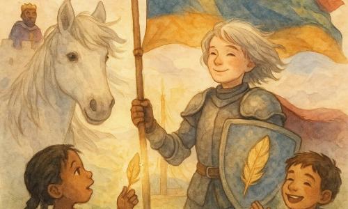 Un giovane cavaliere, Sir Enea, sorridente e sereno, tiene saldamente un grande vessillo tricolore rosso-blu-oro; indossa un'armatura consumata, capelli argentati medio-lunghi mossi dal vento e una piuma dorata fissata al centro dello scudo. Un cavallo bianco robusto, Valore, è alla sua sinistra con la criniera al vento e sguardo dolce. Davanti, una bambina di 6 anni con treccine brune tende la mano verso la piuma dorata, mentre un ragazzino di circa 8 anni in mantello da villano applaude gioioso tenendo una spada di legno. In un balcone lontano del castello il re anziano con corta barba osserva fiero. La scena si svolge su una vasta pianura ventosa coperta di erba e fiori selvatici, al centro un antico pennone con fili d'oro che brillano e nuvole basse in un cielo pastello; il cavaliere issa il vessillo in cima al pennone, il vento gonfia il tessuto, la piuma scintilla, i volti dei bambini si illuminano e l'atmosfera è calda e trionfante.