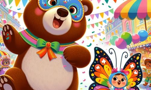 Un grande orso bruno, di nome Bruno, con un pelo morbido e occhi scintillanti di curiosità, balla gioiosamente in mezzo a una strada colorata, indossando un costume festivo dai colori vivaci e una maschera blu. Accanto a lui, una piccola farfalla di nome Lella, con ali multicolori e un sorriso radioso, vola attorno a lui, piena di entusiasmo e gioia. Lo scenario è una strada animata del carnevale, decorata con ghirlande di fiori, palloni fluttuanti e bancarelle di dolci, dove i bambini ridono e si divertono. Bruno e Lella stanno celebrando la magia del carnevale, circondati da coriandoli colorati che cadono dal cielo, creando un'atmosfera festosa e gioiosa.
