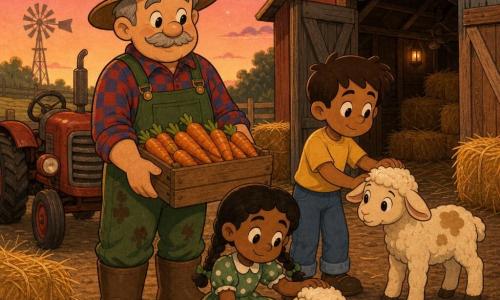 Un agricultor de rostro redondo, bigote gris, con camisa a cuadros y peto verde manchado sostiene ante sí una caja de brillantes zanahorias mientras sonríe; a su derecha, un niño de unos 7 años con camiseta amarilla toca tímidamente un corderito blanco y beige, y delante, una niña de unos 6 años con trenzas y vestido verde acaricia otro corderito pequeño con una paja en la mano. El escenario es un patio de granja al crepúsculo: tierra, fardos de heno dorados, un tractor rojo antiguo a la izquierda y un cobertizo de madera abierto con pacas visibles, cielo rosado con primeras estrellas, luz suave y ambiente cálido y tranquilo.