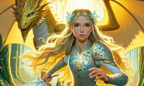 En el centro de la imagen se encuentra Lyra, una joven guerrera de unos 16 años, con largos cabellos dorados que brillan al sol. Sus ojos verdes destilan determinación y coraje, mientras empuña una espada reluciente, lista para defender su hogar. Su armadura ligera, adornada con motivos florales, refleja la magia de la Selva de Eldoria, y su expresión muestra valentía y esperanza. A su lado, Eldrin, un majestuoso dragón de escamas doradas, despliega sus grandes alas. Sus ojos azules profundos expresan sabiduría y protección, observando la escena con atención benevolente, listo para intervenir si es necesario. Al fondo, la Selva de Eldoria se extiende, con árboles majestuosos y flores coloridas que bailan al viento. La situación principal muestra a Lyra de pie con orgullo frente a una sombra amenazante, un hechicero malvado envuelto en una capa negra, con ojos rojos brillantes de malicia. La tensión es palpable, mientras la luz de la Llama de la Esperanza brilla en la mano de Lyra, lista para enfrentar la oscuridad que amenaza su mundo.