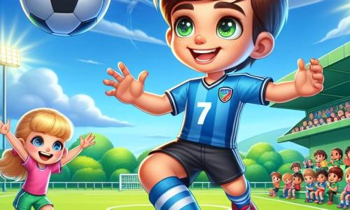 Marco, un ragazzo di 10 anni, ha i capelli castani e occhi brillanti di gioia. Indossa una maglia da calcio blu con il numero 7, pantaloni corti neri e scarpe da ginnastica rosse. Sta controllando un pallone da calcio che fluttua nell'aria, con un sorriso determinato e le braccia leggermente aperte, pronto ad accoglierlo con delicatezza. Accanto a lui, Anna, una ragazza di 9 anni con capelli biondi e una coda di cavallo, corre sul campo con le braccia alzate in segno di incoraggiamento. Indossa una maglia rosa e pantaloni corti verdi, e il suo viso esprime eccitazione e sostegno. Il luogo è un ampio campo da calcio verde, circondato da piccoli alberi e spettatori seduti su panchine di legno, con un cielo blu chiaro punteggiato di nuvole bianche. La scena principale mostra Marco mentre esegue un controllo di palla impressionante, con un'intensa concentrazione sul viso, mentre Anna lo incoraggia, creando un'atmosfera di cameratismo e passione per il calcio.