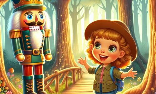 Uma menina de 2 anos, Lili, com grandes olhos brilhantes e cabelos cacheados, usa um chapéu de exploradora e um sorriso radiante. Ela está no meio de uma floresta encantada, cercada por árvores majestosas com troncos grossos e folhas brilhantes, dançando suavemente ao vento. Ao seu lado, um Quebra-Nozes de madeira, grande e imponente, com um uniforme colorido e um sorriso amigável, está perto de uma grande e antiga ponte de madeira, pronto para ouvir a história de Lili. O local é uma floresta mágica, onde a luz do sol filtra através das folhas, criando sombras dançantes no chão coberto de flores coloridas. A cena principal mostra Lili, cheia de entusiasmo, contando uma história ao Quebra-Nozes, que a escuta atentamente, enquanto as árvores parecem se inclinar para ouvir essa aventura encantada.