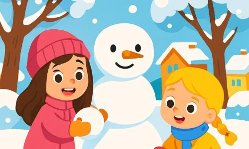 Ci sono 2 personaggi principali: Sofia, una ragazza di 4 anni con lunghi capelli castani e occhi scintillanti, che indossa un cappotto rosa acceso e un berretto di lana, mentre sorride e modella una palla di neve; e Giulia, una ragazza di 4 anni con capelli biondi e trecce, che indossa una sciarpa blu e guanti rossi, intenta a raccogliere neve per costruire il corpo del pupazzo di neve. La scena si svolge in un incantevole giardino invernale, pieno di neve scintillante che brilla al sole, circondato da alberi carichi di neve, con fiocchi che cadono dolcemente da un cielo blu chiaro e case colorate con tetti innevati sullo sfondo. La situazione principale mostra Sofia e Giulia che si divertono a costruire un grande pupazzo di neve, ridendo e scambiandosi palle di neve, creando un'atmosfera gioiosa e festosa.