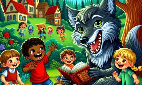 Al centro dell'immagine, un lupo mannaro di nome Lupoletto, con un pelo grigio brillante e occhi luminosi come stelle, sorride gioiosamente. Le sue grandi orecchie sono dritte e tiene un vecchio libro di barzellette in una zampa, pronto a divertire i suoi nuovi amici. A destra, un ragazzo di circa 8 anni, con una maglietta rossa e pantaloni corti di jeans, ride a crepapelle, con le braccia alzate in segno di divertimento. A sinistra, una ragazza di 7 anni con trecce bionde e un vestito a fiori si avvicina con curiosità, gli occhi spalancati per la sorpresa e l'eccitazione. Sullo sfondo si vede un pittoresco villaggio con case dai tetti rossi, circondato da alberi verdi e un cielo blu punteggiato di nuvole bianche. Al centro, un grande albero maestoso funge da palcoscenico, dove i bambini si radunano attorno a Lupoletto, catturati dalle sue storie. La scena rappresenta un momento gioioso in cui Lupoletto racconta una barzelletta, provocando risate contagiose tra i bambini, illustrando così l'amicizia nascente tra il lupo mannaro e gli abitanti del villaggio.