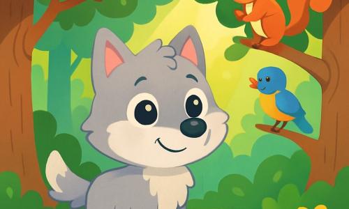A little wolf named Lupo, with soft, fluffy light gray fur, stands in the middle of an enchanted forest. His big, bright eyes, filled with excitement and curiosity, look around with a shy smile. Nearby, a playful squirrel with reddish fur and a bushy tail happily climbs a branch, while a colorful bird with vibrant blue and yellow feathers sings on another branch, adding a touch of magic to the scene. The forest is lush, with majestic trees, thick trunks, and shiny green leaves dancing in the breeze. Colorful pink and yellow flowers dot the ground, and a ray of sunlight breaks through the foliage, illuminating Lupo's face. In this scene, Lupo, ready for his adventure, takes a deep breath, determined to explore the wonders of the forest.