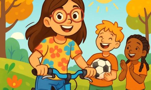 Una ragazza di 12 anni, con lunghi capelli castani e occhiali, sorride felicemente mentre tiene una bicicletta blu. Indossa una maglietta colorata con motivi floreali e un pantaloncino di jeans, i suoi occhi brillano di eccitazione e libertà. Accanto a lei, due amici: un ragazzo di 12 anni con capelli biondi disordinati, che ride mentre tiene un pallone da calcio, e una ragazza di 12 anni con capelli neri intrecciati, che applaude con entusiasmo. Si trovano in un parco verde, circondati da alberi con foglie dorate, fiori colorati e un cielo blu splendente. Il sole brilla, creando ombre dolci sull'erba. La scena principale mostra i tre amici che si divertono insieme, pronti a fare una corsa in bicicletta, con sorrisi radiosi sui loro volti, illustrando la gioia di vivere senza schermi.