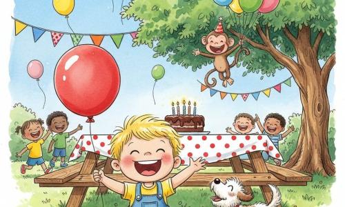 A very happy 2-year-old boy sits on the grass, smiling and laughing while playing with a red ball; he has blond wispy hair, round cheeks, and colorful clothes (yellow t-shirt, blue overalls). To his right a small dog named Lucy, white with brown spots, wags her tail and barks joyfully. Behind them a playful, mischievous monkey named Timmy wears a red hat, holds a bunch of multicolored balloons and swings from a tree branch. The scene is a sunny garden with green grass, a large wooden table with a polka-dot cloth, a chocolate cake with candles, garlands and floating balloons; the main situation is an outdoor birthday party with children and animals laughing and balloons flying, the boy’s bright smile centered. Style: fine ink lines, vivid colors, soft textures, simple readable composition for a 2-year-old.