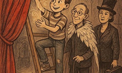 Milo, a smiling but focused 12-year-old with mischievous eyes, stands on a wooden ladder in a striped t-shirt, worn jeans and sneakers, reaching to hang the last curtain hook; behind him Mr. Puddlewick, a thin ~50-year-old man with round glasses and a rumpled feathered cape, steadies the ladder with one hand and holds a prop case in the other, while Aunt Rina, a 45–55-year-old woman in a top hat and sequined jacket, watches from the wings with an affectionate sternness; a small feathered ferret plays by an open suitcase in the foreground; the large red curtain fills the background—thick, gathered fabric with visible metal hooks and a partially rolled shiny section—set in the back of a circus tent with hanging ropes, metal pulleys, warm filament lamps, and dusty wooden floor; delicate translucent spiral sparks float around Milo’s hands suggesting quiet magic; palette of deep reds, warm ochres, gold accents and white feathers; contrasted lighting, soft shadowing; slightly grainy press-style illustration with hatching and texture, close dynamic composition centered on Milo and the curtain.