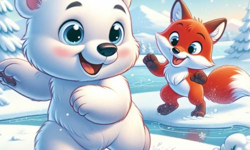 Un pequeño oso polar, Osito, con un pelaje blanco y suave, grandes ojos redondos y brillantes, salta de alegría en la nieve fresca, su sonrisa iluminando su rostro. Está rodeado de copos de nieve que caen suavemente del cielo, creando una atmósfera mágica. A su lado, un zorro de pelaje rojo vivo, Zorrito, con una cola esponjosa y ojos traviesos, ríe mientras lanza bolas de nieve, sus orejas erguidas con emoción. Ambos están en un lago helado, deslizándose y jugando juntos. El paisaje es un hermoso cuadro invernal, con árboles majestuosos cubiertos de nieve, un cielo azul claro salpicado de nubes blancas y montañas lejanas. La escena captura la esencia del invierno, con Osito y Zorrito divirtiéndose juntos, creando recuerdos alegres en un mundo de nieve y hielo.