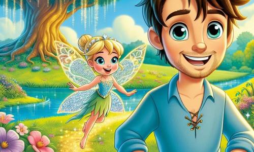 A man named Oliver, around 30 years old, with brown hair and sparkling curious eyes, stands at the center of the scene. He wears a blue shirt and beige pants, and his face expresses wonder as he discovers a shimmering path. Beside him is a tiny fairy named Lumi, barely 10 centimeters tall, with diamond-like wings and golden hair. She mischievously smiles, floating just above Oliver's shoulder, ready to take him on a magical adventure. The setting is a beautiful green meadow dotted with colorful flowers dancing in the wind. In the distance, a majestic tree with golden leaves stands tall, while a crystal-clear lake reflects the blue sky and fluffy clouds. The main scene shows Oliver and Lumi on the shimmering path, ready to explore the enchanting world of Enchantia, surrounded by the beauty of nature, with bursts of magical light emanating from the ground.