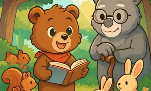 Un giovane orso bruno di nome Paco, con un pelo morbido e setoso, si trova al centro della scena, gli occhi brillanti di eccitazione e determinazione. Indossa un piccolo fazzoletto rosso attorno al collo e tiene un libro aperto tra le zampe, pronto a condividere le sue idee sulla pace. Alla sua destra, un vecchio saggio di nome Anselmo, un orso grigio con occhiali tondi, osserva con un sorriso benevolo, pronto a raccontare una storia. A sinistra, un gruppo di animali della foresta, tra cui scoiattoli e conigli, si raduna attorno a Paco, i volti curiosi e attenti. La scena si svolge in una radura soleggiata, circondata da alberi maestosi e fiori colorati. Paco si prepara a spiegare l'importanza della pace, mentre gli altri animali lo ascoltano con ammirazione, creando un'atmosfera di unità e speranza.