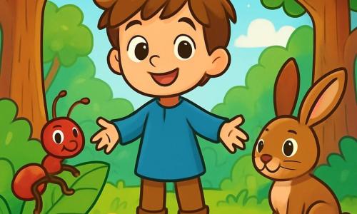 Il Petit Poucet, un ragazzo dai capelli castani e dagli occhi pieni di curiosità, si trova al centro della scena con un grande sorriso sul volto e le braccia aperte come se stesse accogliendo i suoi amici. Indossa una tunica blu e pantaloni di tela, con piccole scarpe consumate. Accanto a lui, una piccola formica, con antenne tremolanti e un'aria determinata, scala una foglia verde, pronta a raccontare la sua storia. Poco più in là, una lepre dalle grandi orecchie, con occhi vivaci e pelliccia marrone, osserva con un'espressione maliziosa, pronta a mostrare la sua tana magica. Lo sfondo è un magnifico bosco incantato, con alberi dai tronchi spessi, foglie di un verde brillante e fiori colorati che danzano nella leggera brezza. I raggi di sole filtrano attraverso il fogliame, illuminando il terreno cosparso di foglie dorate. La scena principale mostra il Petit Poucet e i suoi amici animali riuniti attorno a una piccola radura, ridendo e condividendo storie, mentre un cielo azzurro si estende sopra di loro, creando un'atmosfera gioiosa e accogliente.