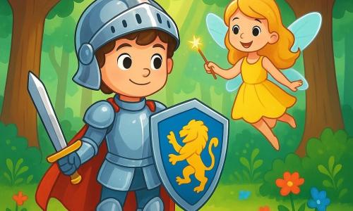 A young knight, Sir Cedric, stands proudly at the center of the image. He is about 10 years old, with curly brown hair peeking out from his shiny silver helmet. His sparkling armor reflects the sunlight, and his blue shield adorned with a golden lion is raised, showing his determination and courage. Next to him, a small fairy named Lila floats in the air. She is around 8 years old, with large translucent wings and golden hair that shines like sunlight. She smiles joyfully, holding a sparkling magic wand, ready to assist Sir Cedric in his quest. The setting is an enchanted forest, with majestic trees and vibrant green leaves. Colorful flowers dot the ground, and rays of light filter through the foliage, creating a magical atmosphere. The main scene shows Sir Cedric and Lila preparing to enter the mysterious forest, determined to find the missing Golden Star. Sir Cedric bravely looks into the forest, while Lila flutters around him, full of enthusiasm and energy.