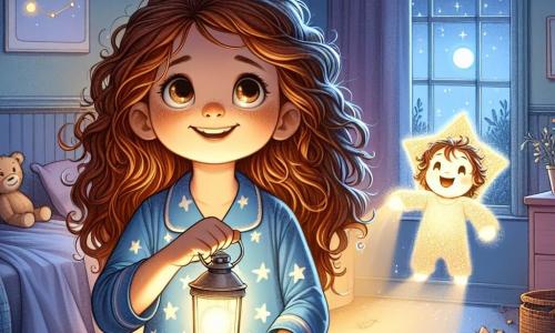 Uma menina de 10 anos, Sofia, está no centro do palco, com grandes olhos brilhantes e um sorriso corajoso. Ela tem cabelos castanhos cacheados que caem sobre os ombros e veste um pijama azul com estrelas brancas. Sofia segura uma pequena lanterna que ilumina seu rosto, revelando uma expressão de determinação e encanto. Ao seu lado, seu amigo imaginário, Lucas, aparece como uma doce luz cintilante, flutuando alegremente ao seu redor. Lucas é representado como uma pequena estrela luminosa com olhos brilhantes, criando uma atmosfera mágica. O cenário é um quarto infantil acolhedor, com paredes pintadas de azul pastel, pôsteres de constelações pendurados e brinquedos espalhados pelo chão. Uma janela aberta revela um céu estrelado, onde a lua brilha intensamente, adicionando um toque de mistério à cena. A situação principal mostra Sofia, com sua lanterna, pronta para explorar a escuridão de seu quarto, transformando seu medo em aventura. Ela olha ao redor com curiosidade, enquanto Lucas a encoraja a descobrir as maravilhas escondidas na noite.