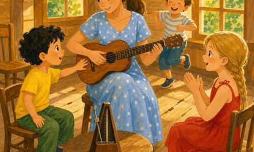 Sofia, sorridente e benevola, capelli castani legati in coda, veste azzurra a pois bianchi, è seduta al centro e suona una piccola chitarra di legno con postura calma ed espressiva; a sinistra un bambino di circa 6 anni dai capelli neri e ricci, volto stupito, tende la mano per toccare la chitarra e indossa maglietta gialla e pantaloni verdi; a destra una bimba di circa 8 anni con treccia bionda applaude seduta su una piccola sedia di legno, indossa un vestito rosso a spalline; un altro bambino di 5 anni dagli occhi ridenti salta leggermente sul retro del cerchio di sedie; la stanza è in legno chiaro con pavimento che scricchiola, sedie in cerchio, grandi finestre che filtrano una luce dorata pomeridiana e un vecchio metronomo di legno su un tavolino; scena principale: Sofia insegna una canzone, i bambini sono rapiti, alcuni scandiscono il tempo, uno prova la chitarra, atmosfera calda, colori tenui e texture di gouache.