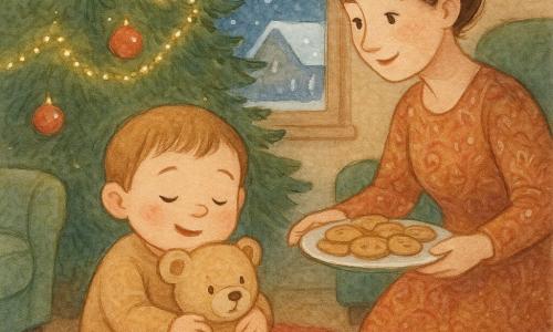 A 2-year-old boy with a round face and rosy cheeks, eyes half-closed and a peaceful smile, clutching a beige teddy bear, sits beside a large fir, yawning in a cuddly posture; his mother (about 30–35, brown hair in a bun, warm patterned dress) stands slightly behind and to his right with a benevolent look, placing a plate of cookies near the tree. The plush teddy with round ears rests in his arms with a gentle expression. The small cozy living room has a red fluffy rug, a green velvet armchair, fir branches decorated with gold garlands and red baubles, and warm twinkling lights; outside the window heavy snowflakes fall on a snow-covered roof. Main scene: Christmas Eve night, calm warm atmosphere, the boy drifting off by the lit tree while his mother leaves cookies for Santa; soft warm palette (red, fir green, beige) with white accents for snow and highlights.