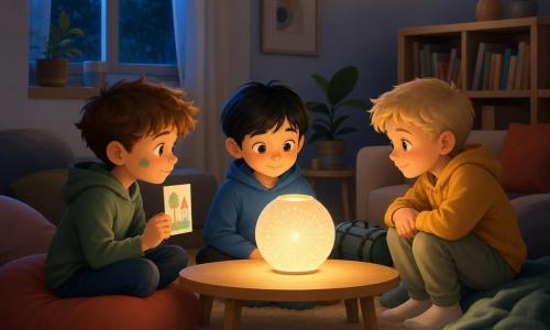 Three boys, nearly eight: Milo, brown messy hair and a paint smudge, sits left on a large cushion holding a small hand-drawn card; Theo, short blond hair, crouches right on a blanket with hands on his knees, smiling gently; Sam, straight black hair with a rolled backpack nearby, sits center in front of the table looking at the lantern. They are in a warm nighttime living room with bluish window light, a cream rug, a light wood coffee table, cushions and soft string lights; a round paper lamp on the table casts a soft yellow-orange glow. The three are gathered around a white paper 