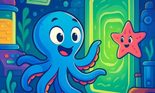 Um jovem polvo azul vibrante, Zig, com seus oito tentáculos ágeis, está diante de uma misteriosa porta flutuante, seus olhos redondos brilhando de excitação e curiosidade. Seus tentáculos se movem, prontos para explorar o desconhecido. Perto dali, uma pequena estrela-do-mar rosa, chamada Lila, com olhos brilhantes e um sorriso travesso, observa a cena com admiração, flutuando ligeiramente acima do chão. Ela parece ansiosa e incentiva Zig a entrar na porta. O cenário é um laboratório submarino futurista, repleto de gadgets coloridos, tubos luminosos e mapas flutuantes, com algas fosforescentes dançando ao redor. Bolhas de ar escapam das máquinas, criando uma atmosfera mágica e dinâmica. Zig, intrigado, se prepara para agarrar a misteriosa porta flutuante que emite um brilho verde intenso, pronto para mergulhar em uma nova aventura interdimensional.