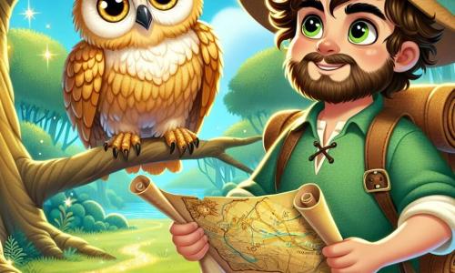 No centro da imagem, Alarico, um homem de cerca de trinta anos, com cabelos castanhos cacheados e uma barba bem aparada, exibe um sorriso caloroso e determinado. Ele veste uma túnica verde de linho e calças beiges, segurando um mapa antigo nas mãos, observando o horizonte com olhos brilhantes de excitação. À sua direita, uma coruja majestosa, com penas douradas e olhos brilhantes, está empoleirada em um galho, olhando para Alarico com gratidão, parecendo pronta para lhe dar conselhos em sua busca. Ao fundo, uma floresta encantada se estende à vista, com árvores de troncos grossos e folhas verdes vibrantes, enquanto flores coloridas pontilham o solo. Um riacho cintilante serpenteia pela paisagem, adicionando um toque de magia à cena. A situação principal mostra Alarico e a coruja se preparando para partir em uma aventura, determinados a encontrar o caminho do dragão perdido, com um sentimento de esperança e camaradagem no ar.