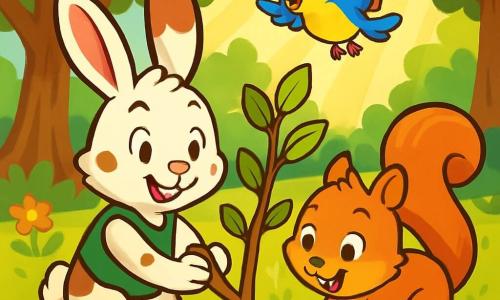 Um coelhinho travesso chamado Lino, com pelagem branca e manchas marrons, orelhas grandes e olhos brilhantes de excitação, está plantando uma jovem árvore em um solo rico e úmido. Ele veste um colete verde e sorri radiante, mostrando sua determinação em ajudar a natureza. Ao lado dele, uma esquilinha travessa chamada Sara, com pelagem ruiva e cauda fofa, cava um buraco com suas patinhas, exibindo uma expressão alegre e entusiasmada. Um pássaro colorido chamado Pedro, com penas amarelas e azuis, voa acima deles segurando um pequeno painel de madeira com a inscrição "Eu amo a natureza!" e cantando alegremente. O local é uma linda floresta verdejante, cheia de árvores majestosas, flores coloridas e raios de sol filtrando através das folhas, criando uma atmosfera calorosa e acolhedora. A cena principal mostra Lino e seus amigos unidos em um esforço alegre para plantar árvores, simbolizando seu compromisso em proteger o meio ambiente e tornar sua cidade mais verde.
