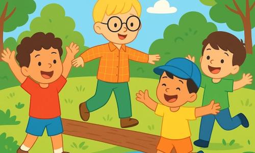 Hay 4 niños: - Lucas: un niño de 8 años, con cabello castaño y rizado, que lleva una camiseta roja y un pantalón corto azul. Está a la izquierda, sonriendo y levantando los brazos, lleno de entusiasmo. - Mateo: un niño de 7 años, con cabello rubio y gafas redondas, vestido con una camisa a cuadros y un pantalón verde. Está en el centro, caminando sobre una rama, como un equilibrista. - Nico: un niño de 6 años, con cabello negro y una gorra azul, que lleva una camiseta amarilla y pantalones cortos naranjas. Está a la derecha, saltando alegremente, con los brazos abiertos, listo para cruzar. - Tomás: un niño de 8 años, con cabello castaño y mucha energía, vestido con una camiseta verde y jeans. Está detrás de Mateo, riendo y haciendo gestos para animar a sus amigos. El lugar es un parque soleado, con un pequeño arroyo brillante en el medio, rodeado de árboles verdes y flores coloridas. El cielo es azul con algunas nubes blancas esponjosas, y mariposas vuelan a su alrededor. La situación principal muestra a los niños cruzando un 