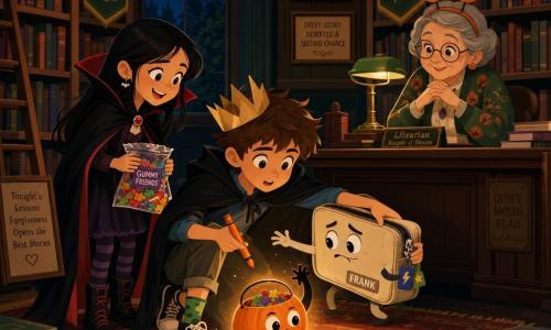 Frank, a square sewn fabric pencil case who seems brave but a little anxious—beige with a shiny zipper and small colorful tags—sits under Leo’s arm reaching for an orange marker. Leo, a ten-year-old in a makeshift costume (black cape, paper crown, mismatched socks), kneels before a small pumpkin bucket, determined and amazed, hand outstretched toward the marker. Mia, a little girl dressed as a vampire, is joyful and generous, holding a bag of gummy candies and smiling slightly left behind Leo. Mr. Tumble, an animated small pumpkin bucket with googly eyes and a tiny shadow hand, is mischievous and shy, glowing a soft orange and inching back on the library carpet. The librarian, an elderly woman in a patterned vest and mini-pumpkin headband, is kind and observant, standing behind a wooden desk with a warm smile. Setting: an old indoor library at night with tall wooden shelves, colorful books, an antique wall clock, warm light and an orange halo cutting shadows on a worn rug. Main moment: the return of the stolen orange marker—an atmosphere of discovery and forgiveness, characters gathered in a circle around the glowing pumpkin bucket, warm (orange, yellow) and cool (midnight blue, deep green) color contrasts, composition centered on the marker exchange.