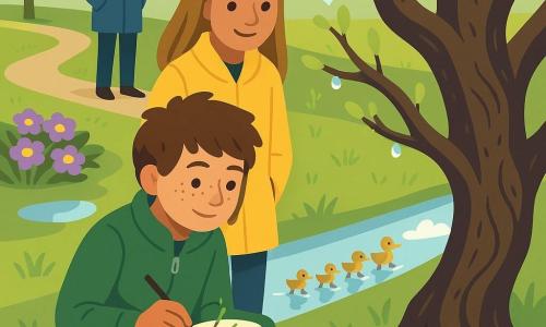 Een rustige, geconcentreerde 12-jarige jongen met rond gezicht en lichte sproeten, warrig bruin haar, groene jas en spijkerbroek zit gehurkt bij de voet van een kromme oude boom en tekent in een klein schetsboek op zijn knieën; Noor, een nieuwsgierige, glimlachende 12-jarige met lang kastanjebruin haar en gele mantel staat iets achter en rechts van hem met handen in haar zakken en kijkt naar de glanzende tak die ze observeren; een discrete, zorgzame mannelijke leraar met grijs haar en blauwe jas staat op de achtergrond bij een pad en kijkt toe; locatie: klein lentepark met groen gazon, reflecterende plassen, een smal beekje dat witte wolken en lichtblauwe lucht weerspiegelt, violette sleutelbloemen en natte grassprieten; hoofdscène: de jongen tekent een dikke druppelvormige tak aan de kromme boom waar tere groene uitlopers aan de knoppen verschijnen en druppels glanzen op de schors, een rij onhandige eendjes steekt het beekje achter hen over en pluizige wolken weerspiegelen in het water; kleurenpalet: zachte lente­kleuren (lichtgroen, zachtgeel, hemelblauw, lichtviolet), sterke contrasten, eenvoudige vormen, vlakke texturen en minimale schaduwen; compositie: middellange opname met lichte vogelvlucht, personages links op de voorgrond, boom rechts van het midden, beek diagonaal achterrechts.