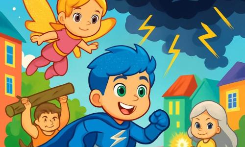 Fulminix, un giovane con capelli blu scintillanti, corre con un grande sorriso e occhi verdi brillanti di eccitazione. Indossa un costume da supereroe blu e argento, con un mantello che fluttua dietro di lui. Accanto a lui c'è Stella, una ragazza dai capelli dorati, che fluttua nell'aria con le braccia aperte e uno sguardo determinato. Indossa un costume rosa vivo con ali scintillanti. Sullo sfondo, Gigante, un ragazzo muscoloso, solleva un albero caduto, mostrando la sua forza, mentre Lumina, una giovane con capelli argentati, illumina la scena con una luce dolce dalle mani. Il panorama è una città colorata con edifici alti a facciate arcobaleno e alberi dalle foglie multicolori, sotto un cielo blu chiaro con nuvole bianche. La scena principale mostra Fulminix e i suoi amici uniti, pronti ad affrontare Ombra Nera, un supercattivo misterioso che si nasconde dietro nuvole scure, lanciando fulmini. L'atmosfera è piena di energia e avventura, con un tocco di magia nell'aria.
