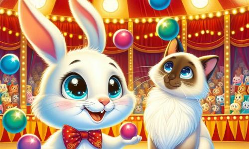 Un coniglio bianco dalle grandi orecchie e con occhi curiosi sta jonglando felicemente con palline colorate, sorridendo. Accanto a lui, un elegante gatto siamese con pelo crema e occhi blu osserva con orgoglio, lanciando palline in aria con un'espressione concentrata. La scena si svolge sotto un grande tendone da circo rosso e giallo, illuminato da luci scintillanti, con spettatori entusiasti che applaudono e ridono. Al centro dell'illustrazione, il coniglio e il gatto siamese sono in piena esibizione, creando un'atmosfera di magia e gioia in questo mondo fiabesco del circo.