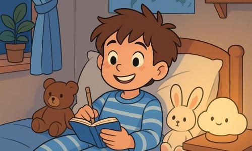 Un niño de 12 años, llamado Mateo, está acostado en su cama, con una amplia sonrisa de satisfacción en su rostro. Tiene el cabello castaño desordenado y lleva un pijama a rayas azul y blanco. Sus ojos brillan de emoción mientras sostiene una pequeña libreta en sus manos, listo para escribir su promesa de descanso. A su lado, una suave luz emana de una lámpara de noche en forma de nube, iluminando la habitación con un brillo cálido. En la pared, hay un póster de mapas del mundo y una planta verde en maceta en la ventana, añadiendo un toque de naturaleza al interior. El lugar es una habitación infantil, decorada con colores pastel, juguetes esparcidos por el suelo y libros apilados en una estantería. La ventana está abierta, dejando entrar una brisa ligera que hace bailar las cortinas. La situación principal muestra a Mateo haciendo un contrato de sueño, rodeado de sus peluches que parecen escucharlo atentamente. Está concentrado y feliz, listo para dormirse pacíficamente después de haber prometido descansar.