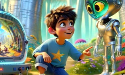 En primer plano, tenemos a **Mateo**, un niño de 11 años con cabello castaño desordenado y ojos brillantes de curiosidad. Lleva una camiseta azul con un patrón de estrellas y un pantalón corto de mezclilla, y está agachado cerca de una pequeña nave espacial, con las manos en las caderas y una expresión de asombro. A su lado está **Zorax**, un extraterrestre alto, con piel verde brillante y ojos amarillos en forma de almendra que brillan como estrellas. Lleva un traje plateado futurista y sonríe cálidamente a Mateo, señalando un panel de control de la nave.

El escenario se sitúa en un claro soleado, rodeado de grandes árboles con troncos plateados y hojas luminosas que parecen brillar. La nave espacial, de metal brillante, está parcialmente oculta por arbustos coloridos, y flores de colores vivos rodean la escena, añadiendo un toque de magia.

La situación principal muestra a Mateo y Zorax trabajando juntos para reparar la nave espacial, con herramientas futuristas esparcidas a su alrededor. Mateo observa atentamente una pantalla de la nave, mientras Zorax le muestra cómo usar un botón que emite luces centelleantes. La atmósfera está llena de emoción y camaradería, ilustrando la amistad entre un niño de la Tierra y un extraterrestre de Oblivia.