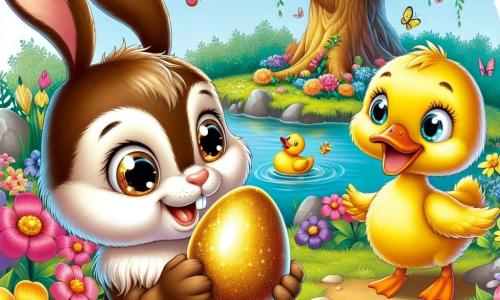 Ein kleiner Hase mit großen Ohren, braunem Fell und neugierigen, funkelnden Augen steht auf seinen Hinterbeinen und hält ein glänzendes goldenes Ei in seinen kleinen Pfoten. Er zeigt ein Gesicht voller Staunen und Freude. Neben ihm schwimmt eine fröhliche Ente mit leuchtend gelbem Gefieder und einem kleinen Strohhut fröhlich in einem kleinen Teich und lächelt den Hasen freundlich an. Sie scheint aufgeregt über das Abenteuer zu sein. Die Szenerie ist ein wunderschöner Frühlingsgarten, gefüllt mit bunten Blumen, schillernden Schmetterlingen und einem majestätischen großen Baum im Hintergrund, dessen Äste mit grünen, glänzenden Blättern bedeckt sind. Die Hauptsituation zeigt den Hasen, der das geheimnisvolle goldene Ei entdeckt, das sanft leuchtet, während die Ente ihn ermutigt, einem farbenfrohen Blumenweg zu folgen, der durch den Garten schlängelt und ein magisches Abenteuer verspricht.