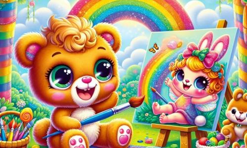 An illustration depicts a small plush character, a boy with bright eyes and fluffy fur, sitting on a colorful rug, looking amazed and joyful, holding a paint palette in his little paws. Next to him, a small fairy, a girl with sparkling wings and curly hair, smiles enthusiastically, holding a brush in her delicate hand, ready to paint. A little rabbit, a boy with big ears and soft fur, joyfully hops nearby, his eyes sparkling with mischief, with a basket full of colorful fruits beside him. The main setting is an enchanted clearing, surrounded by trees with brightly striped trunks, with multicolored flowers dancing in the breeze, and a blue sky dotted with candy-shaped clouds. The main scene shows the plush character and his friends painting a large rainbow on a canvas, filled with joy and creativity, discovering the pleasure of outdoor art, away from screens. Other graphic elements include bright paint pots, splashes of paint on the ground, and laughter that seems to float in the air, creating an atmosphere of happiness and friendship.