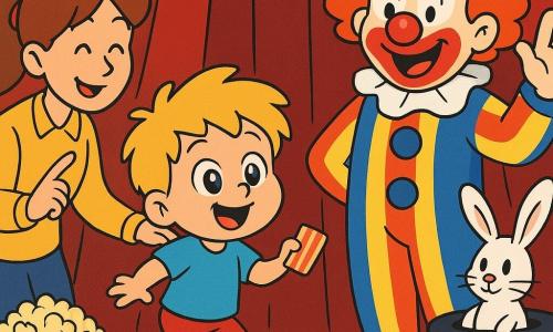 A 2-year-old boy with a round face, tousled blond hair, wide bright eyes and an amazed smile holds a small striped ticket and stands on tiptoe near the stage edge; an adult male clown with colorful makeup, a round red nose and a striped costume with pompoms raises his hand in a joyful salute to the boy at the right near the red curtain; an adult female assistant with chestnut hair in a ponytail and a yellow smock smiles, whispers and points to the stage behind the boy at left; a white rabbit in a black hat with long ears and mischievous eyes sits on a table and hops slightly in front of the curtain; interior of a small circus tent with a wooden floor, pleated red curtain, warm bulb garlands and a popcorn bucket in the foreground — a warm, joyful moment of wonder before the show, centered on the boy watching the stage.