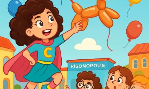 Super Clara, uma mulher heroica com cabelos cacheados e brilhantes, usa uma capa rosa flutuante e botas coloridas. Ela tem um olhar determinado, mas também um sorriso divertido, enquanto se prepara para pegar um balão gigante em forma de cachorro que está voando no céu. Perto dela, um grupo de crianças de cerca de 8 anos observa com os olhos arregalados. Um menino com óculos redondos e cabelos bagunçados aponta para o balão rindo. Uma menina com tranças e vestido de bolinhas, com os braços cruzados, parece ao mesmo tempo preocupada e fascinada pela situação. A cena acontece na praça principal de Risonópolis, cercada por prédios coloridos, flores vibrantes e risadas de crianças. Balões de todas as cores flutuam no ar, acrescentando um toque festivo à atmosfera. Super Clara, pronta para agir, avança em direção ao balão que leva as crianças, com uma expressão ao mesmo tempo cômica e heroica, pronta para salvá-las de uma aventura inesperada.