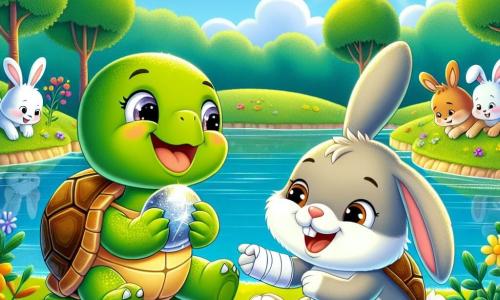 En un rincón del cuadro, una pequeña tortuga llamada Tula, con un caparazón verde y ojos brillantes de curiosidad, sonríe alegremente sosteniendo una piedra brillante en sus pequeñas patas. Junto a ella, un conejito llamado Luis, con pelaje marrón claro y grandes orejas, mira a Tula con una sonrisa radiante. Tiene una pata vendada, pero su mirada está llena de entusiasmo mientras sostiene una hoja verde brillante en sus patas delanteras. El escenario se desarrolla a la orilla de un lago brillante, rodeado de grandes árboles con follaje colorido y flores vibrantes. El sol brilla en un cielo azul claro, creando una atmósfera alegre y acogedora. La situación principal muestra a Tula y Luis, rodeados de varios otros conejitos, todos buscando tesoros en la hierba, riendo juntos y celebrando la tolerancia y la amistad.