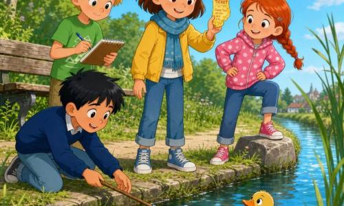 There are five characters: Maya, a ~9-year-old girl with short brown hair and a blue scarf, worried then relieved, holding a crumpled yellow ticket in her right hand, standing near the canal edge; Jake, ~9, tousled blond hair, green t-shirt, notebook and pen, focused, slightly behind left of Maya; Olivia, ~8, red-haired braid, pink polka-dot jacket, hands on hips encouragingly, right of Maya with one foot on a stone; Ben, ~9, short black hair, navy sweater, kneeling at the left front of Maya, reaching a long stick with a scarf tied to the end toward the canal; and a small round duck, bright yellow with light brown spots, swimming near the ticket, head tilted curiously and splashing slightly. Setting: narrow canal bank at morning with shimmering blue-green water, tall grass and reeds, worn wooden bench behind the children and gray stones on the shore, clear sky with a few white clouds. Main action: the four young investigators carefully retrieve a floating yellow ticket using the scarf-on-stick, expressions of joy and teamwork, bright colors, simple textures, composition centered on the water's edge.