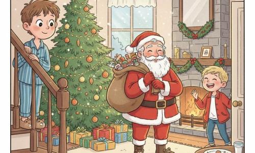 A 10-year-old boy, wide-eyed, shy, tousled brown hair, wearing blue striped pajamas and bear slippers, peeks down the stairs behind the banister; Santa Claus, smiling and warm with a thick white beard and red fur-trimmed coat, stands by a decorated Christmas tree holding a large sack of toys; the boy's 9-year-old friend, excited and laughing with short blond hair and a red jacket hung on a chair, watches from the doorway; the cozy living room has a cream rug, stone fireplace with orange flames, a green tree with gold baubles and lights, holly garlands, presents at the base, cookies and milk on a small table, and a frosted window showing falling snow; golden, soft light from the tree and fireplace creates a peaceful, wondrous Christmas Eve moment with sparkling dust floating around.